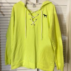 Pink pull over Neon lace up hoodie with Sherpa lining in hoodie